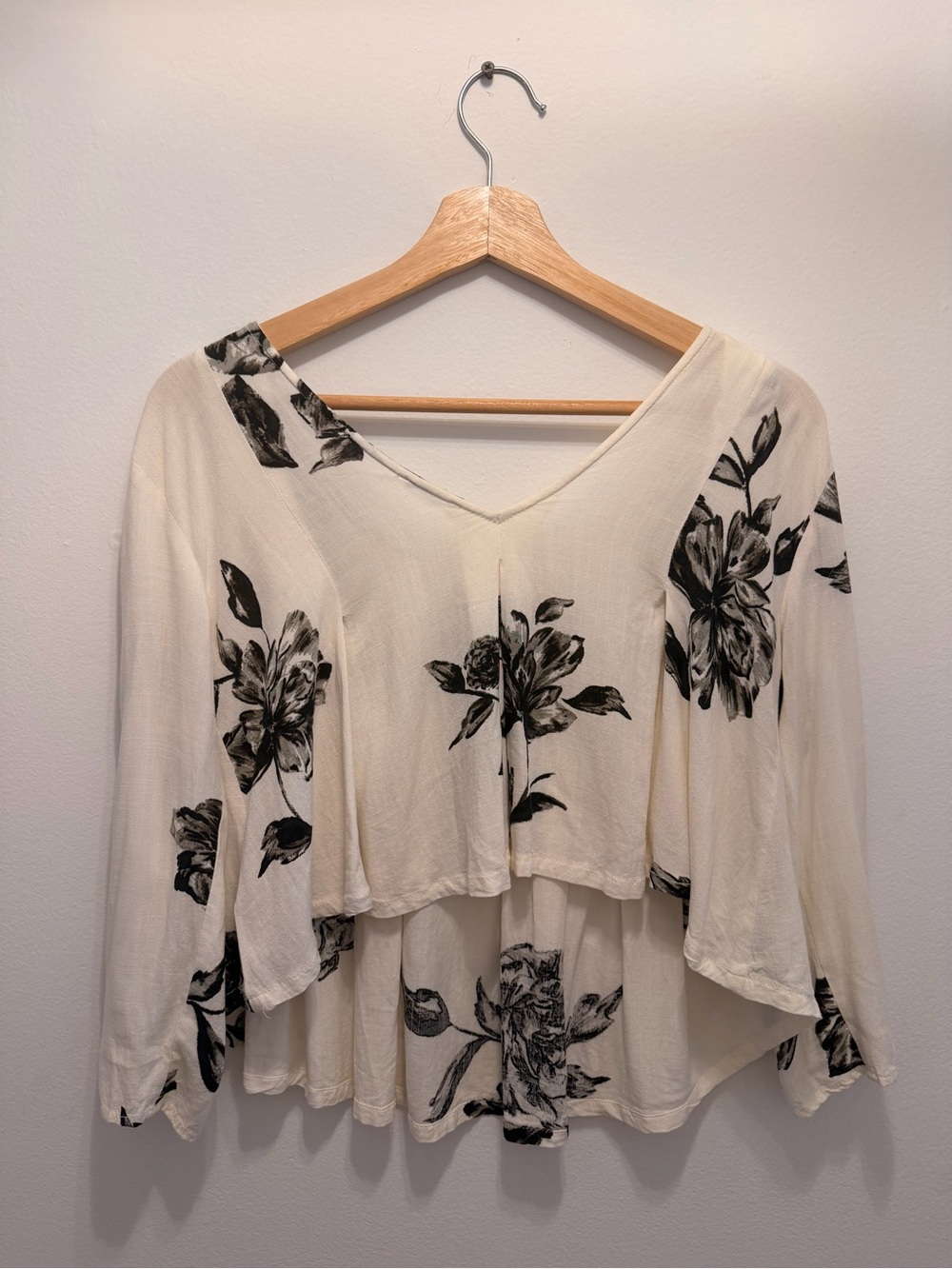 Anthropologie Cream Top with Black Floral Print